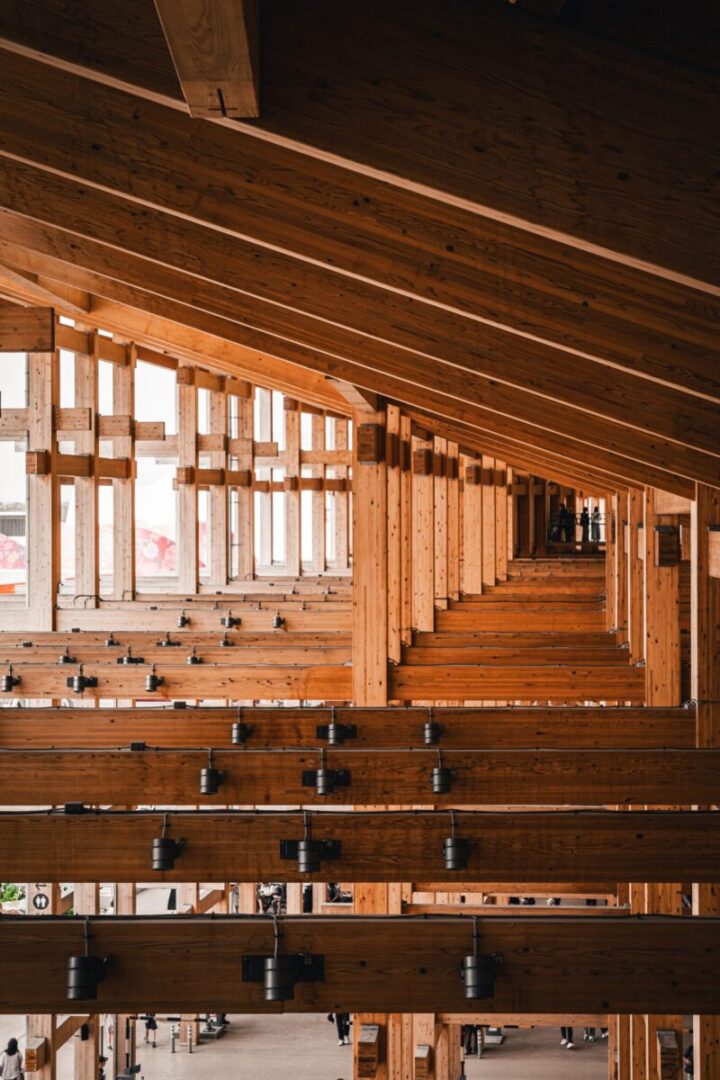 Explore the intricate wooden design of a traditional Japanese building in Osaka, Japan.